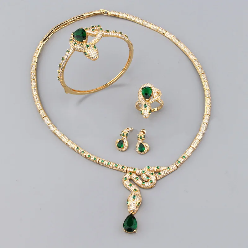 Luxurious Fashion Jewelry Sets Women Lady Gold Color Green Cubic Zircon Snake Snakelike Ring Earrings Bracelet Necklace 2 Color