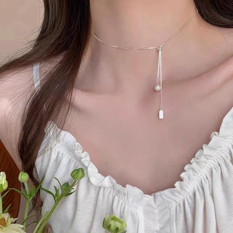 

925 Sterling Silver Pearl Long Necklace Simple Charm Geometric Shape Pendant Choker Birthday Gift for Friends Exquisite Jewelry