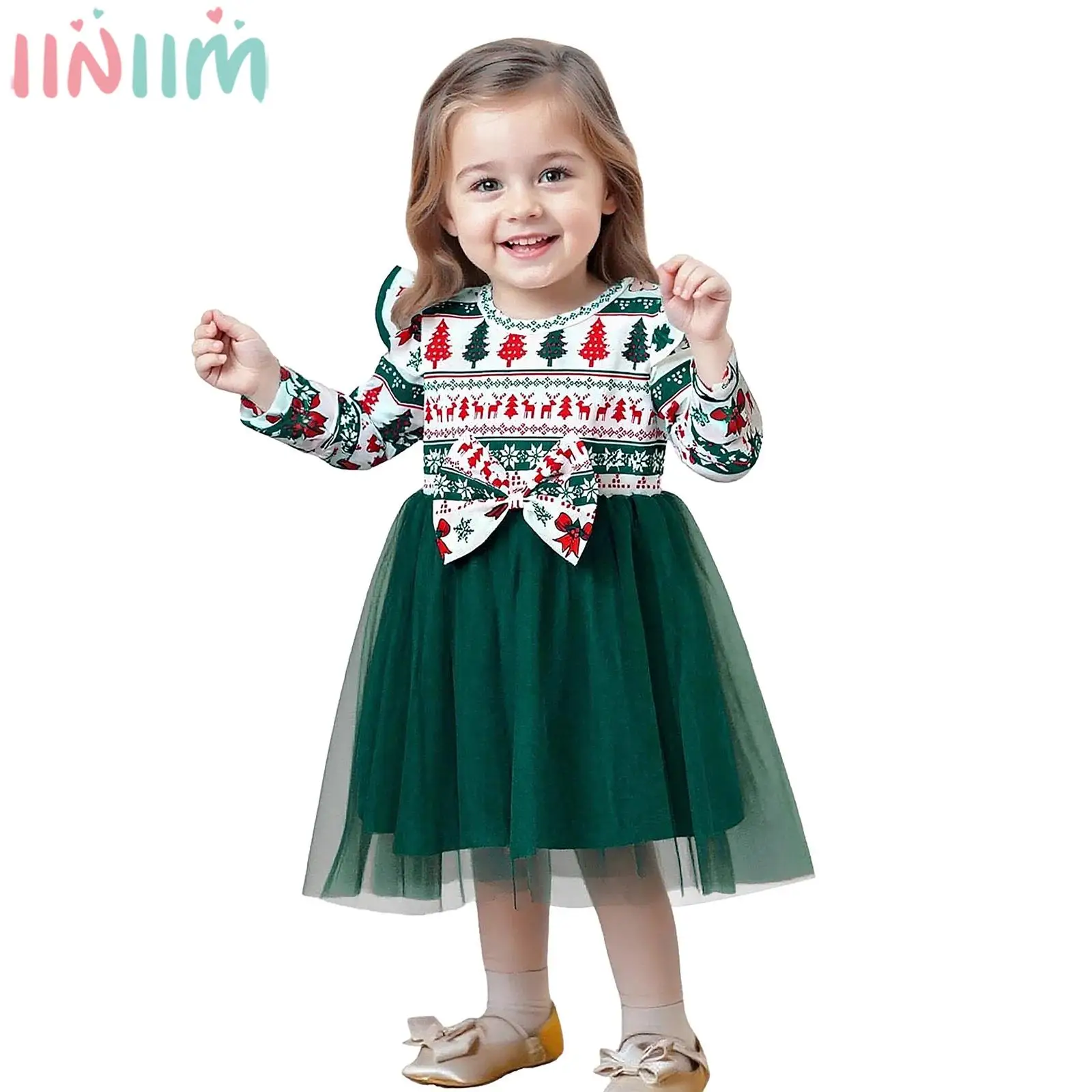 Baby Girls Christmas Princess Dress Cute Pattern Print Long Sleeve Bow Mesh Tutu Ball Gown for Xmas Festival Party Photo Shoot