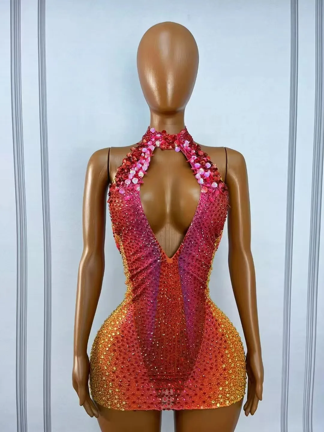 Women's Sexy Fashion  Mini Dress Red Orange Gradient SequinNeck Backless Deep V Short Dress Singer Nightclub Stage Performance