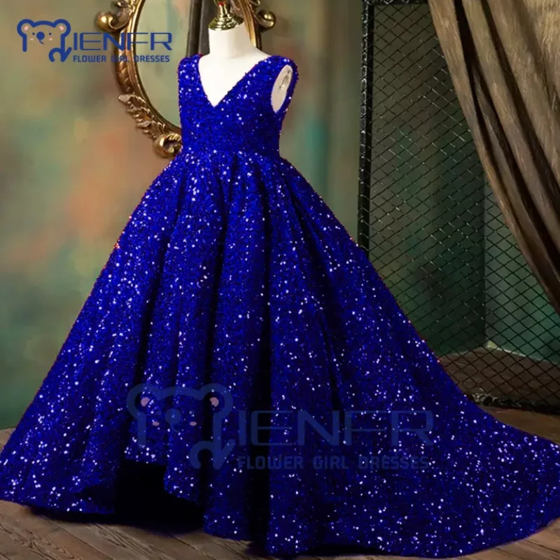 

Royal Blue Sequin Flower Girl Pageant Mermaid Dress Long Puffy Little Girl Wedding Birthday Party First Communion Holiday Dress