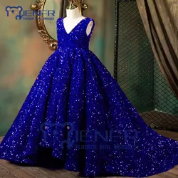 Customized Royal Blue Sequin Flower Girl Pageant Mermaid Dress Long Puffy Little Birthday Party First Communion Holiday Dress