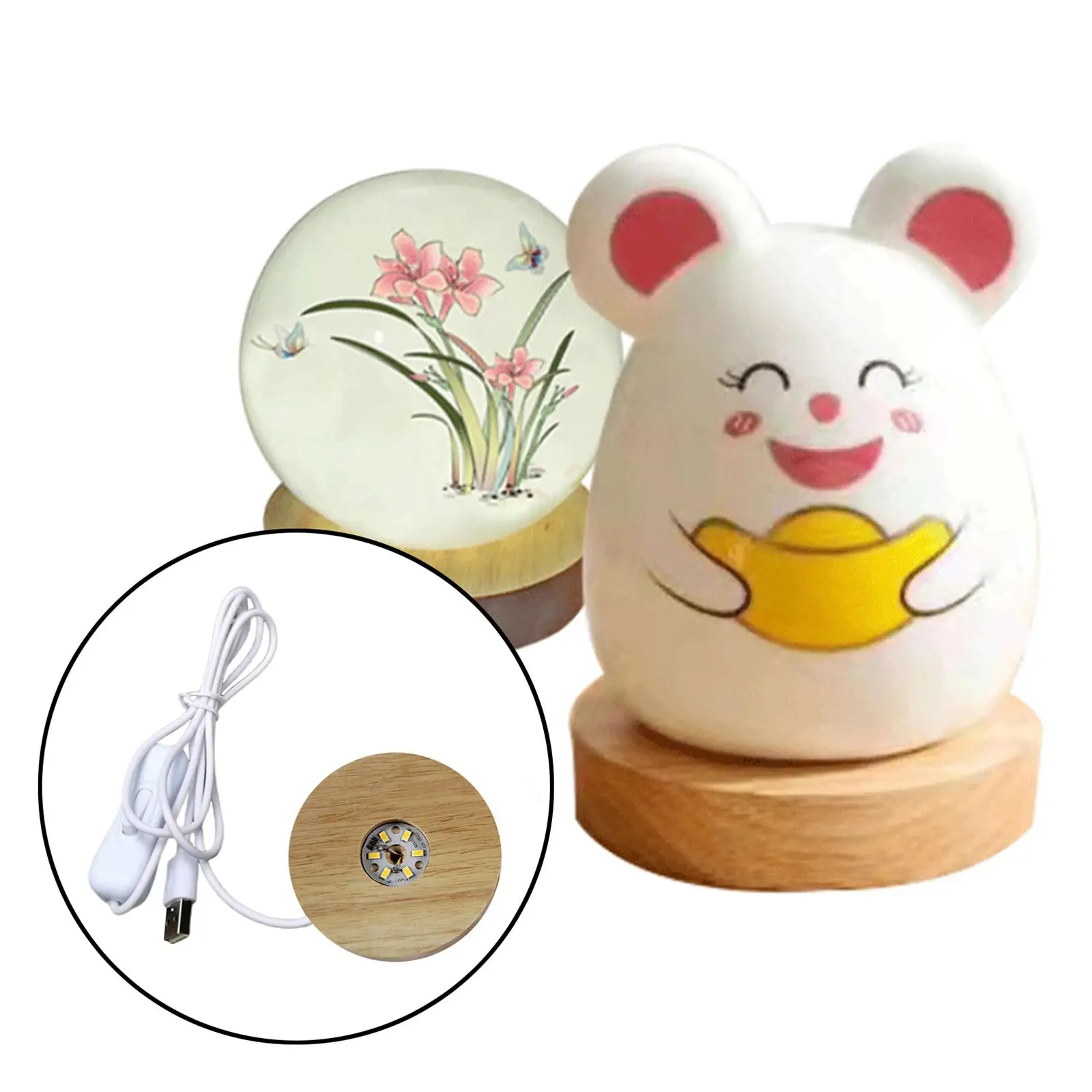 

Round Wooden Table Lamp with USB Port and Switch, Modern Night Light