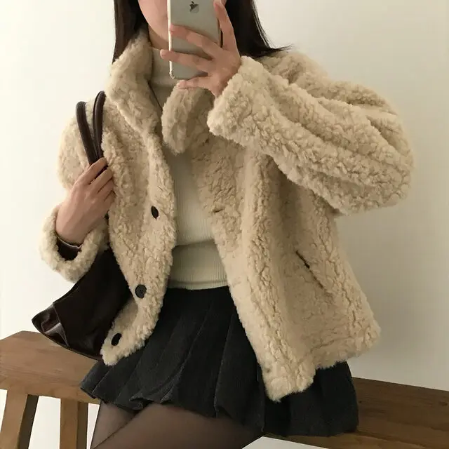 Korean Sle Women's Coat Warmthly Inteated eep Curly Hair Fur Thiened Upper Body Winter Faionable Versatile Retro