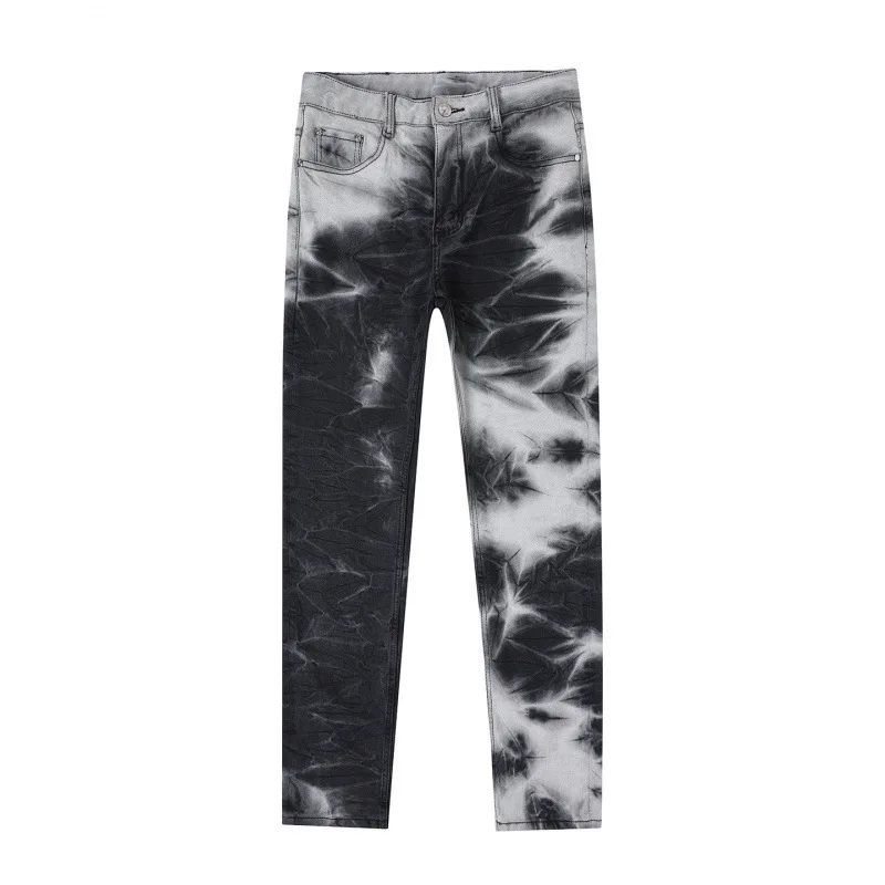 Jeans da uomo con stampa tie dye in bianco e nero con inchiostro 2025 pantaloni da uomo di fascia alta a tubo dritto piccolo autunno e inverno