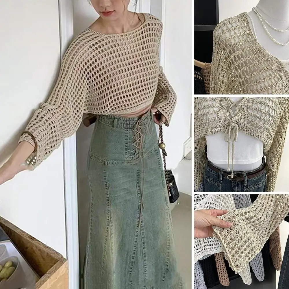 

Summer Hollow Out Sunscreen Cardigan Short Style Loose Knitted Cardigan Casual Sun-protection Blouse Tops for Women