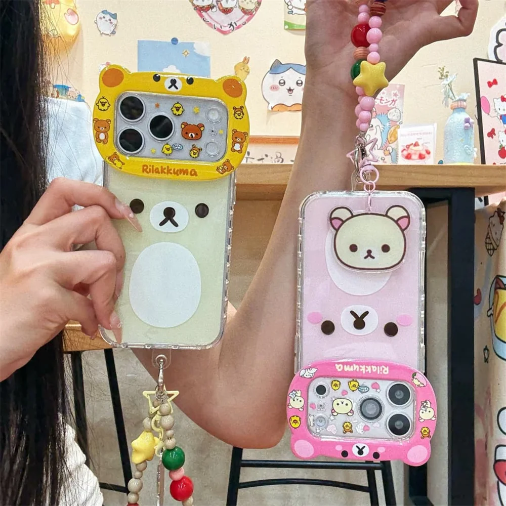 

Kawaii Rilakkuma 3D Bear Cartoon Phone Case for iPhone 16 Pro 15 14 13 16 17 Pro Max Case With Chain Shockproof Funda Cute Cover