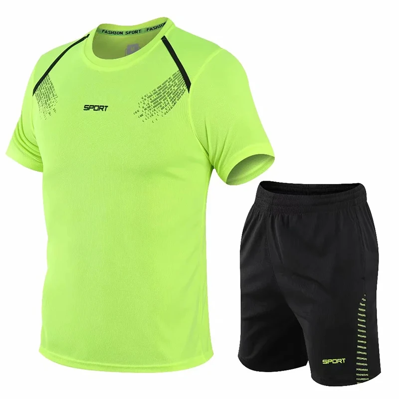Men  2 Pcs/Set Running Suits Sprint T Shirst and Shorts Quick Dry Prints Outdoor Marathon Uniform Quick Dry Track and Field Sets