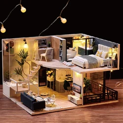 Houten miniatuur poppenhuis DIY duplex appartementproductie 3D puzzel assemblage gebouw speelgoed decoratie met meubelpoppenhuis