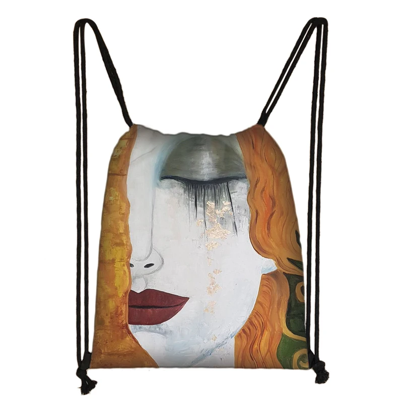 Oil Painting Tears Kiss Water Lilies Starry Night Backpack Women Travel Bag Gustav Klimt Claude Monet Van Gogh Drawstring Bags