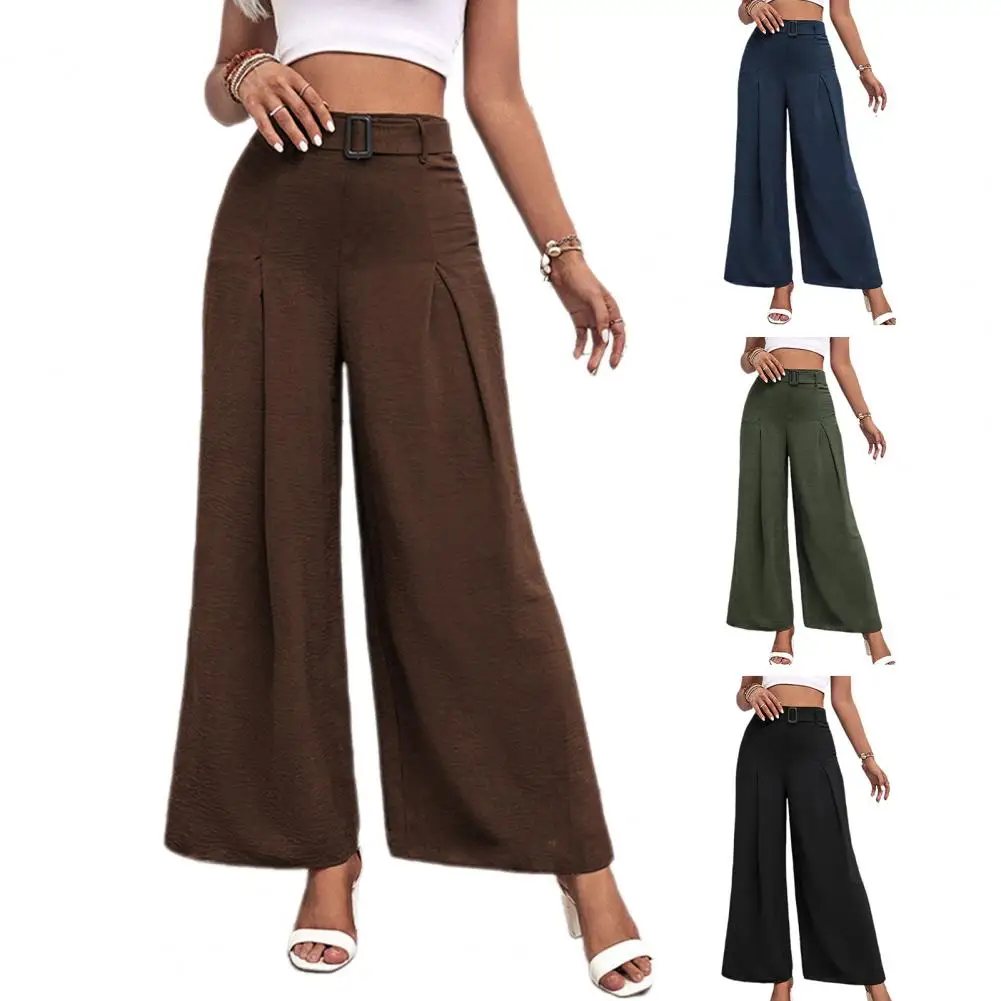 Women Pants Flowy Wide Leg High Waist Pants for Women Adjustable Buckle Solid Color Trousers for Work Streetwear Business Loose