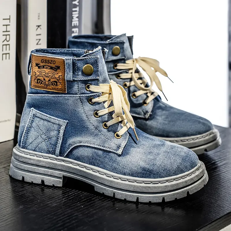 

2025 Men's high top denim boots, casual sports shoes, trendy and fashionable men's boots