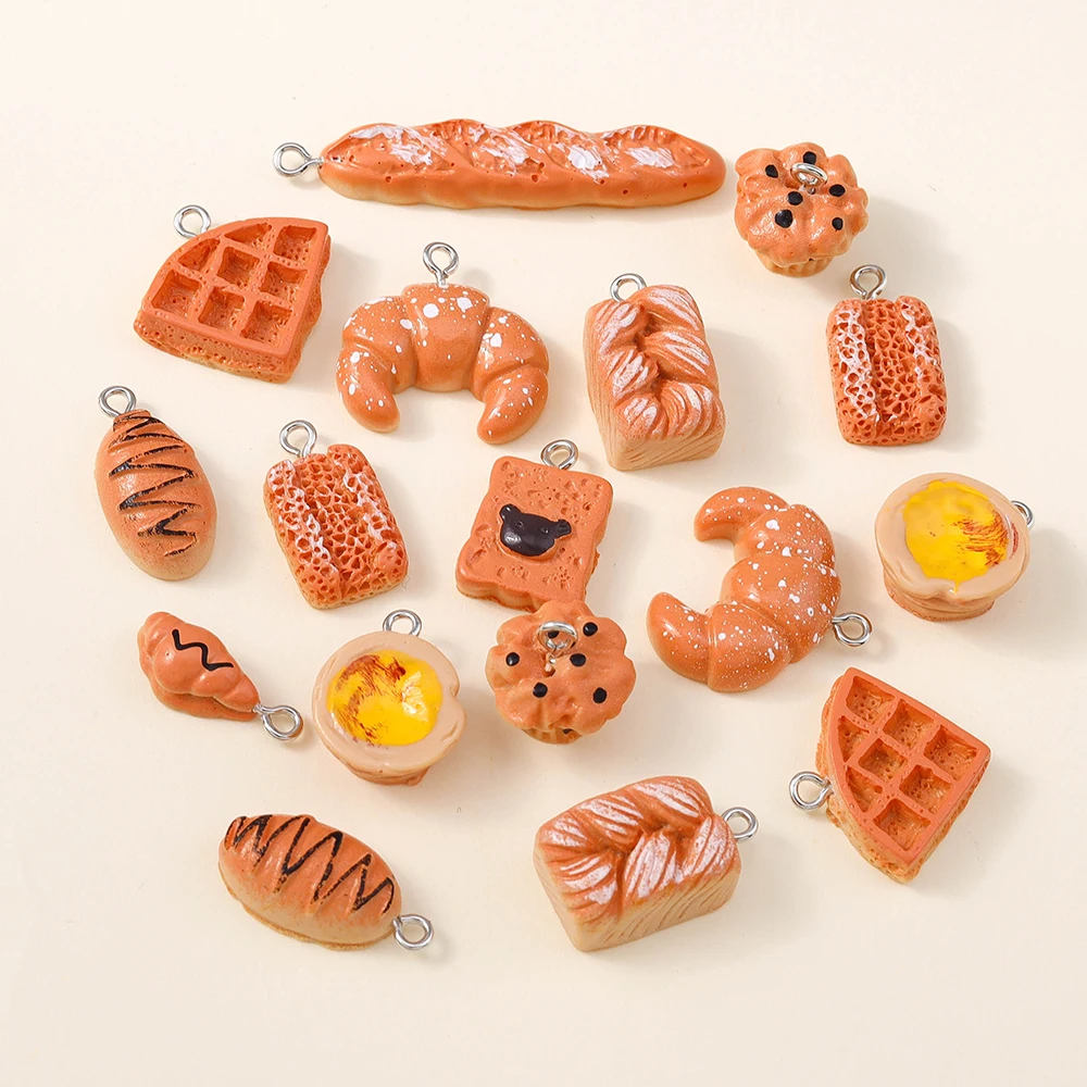 10Pcs Cute Food Cake Waffle Croissant Bread Charms Pendant For Handmade Bracelet Necklaces DIY Jewelry Making Accessories