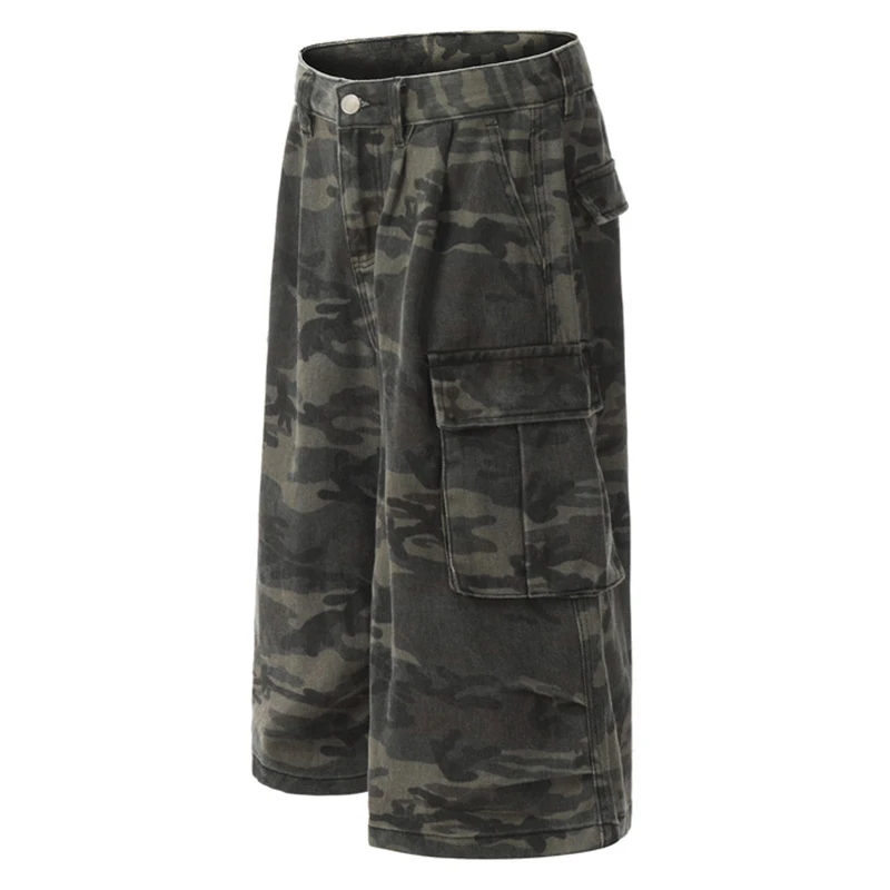 PFNW Male Camouflage Cargo Shorts American Side Large Pocket Overall Loose Wide Leg Calf-Length Shorts Summer 2024 Chic 28W4023