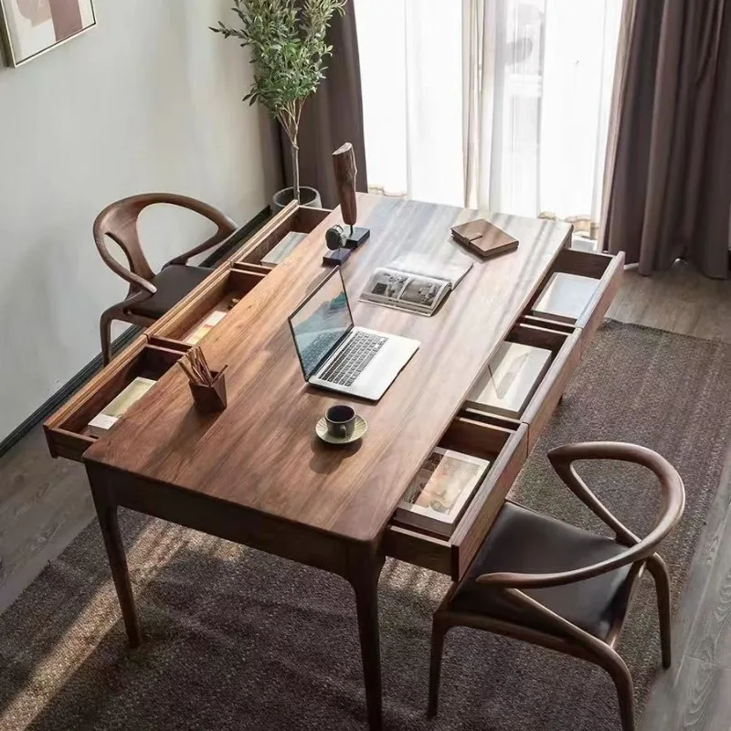 North American black walnut desk Nordic simple rectangular dining table full solid wood double drawer worktable large table