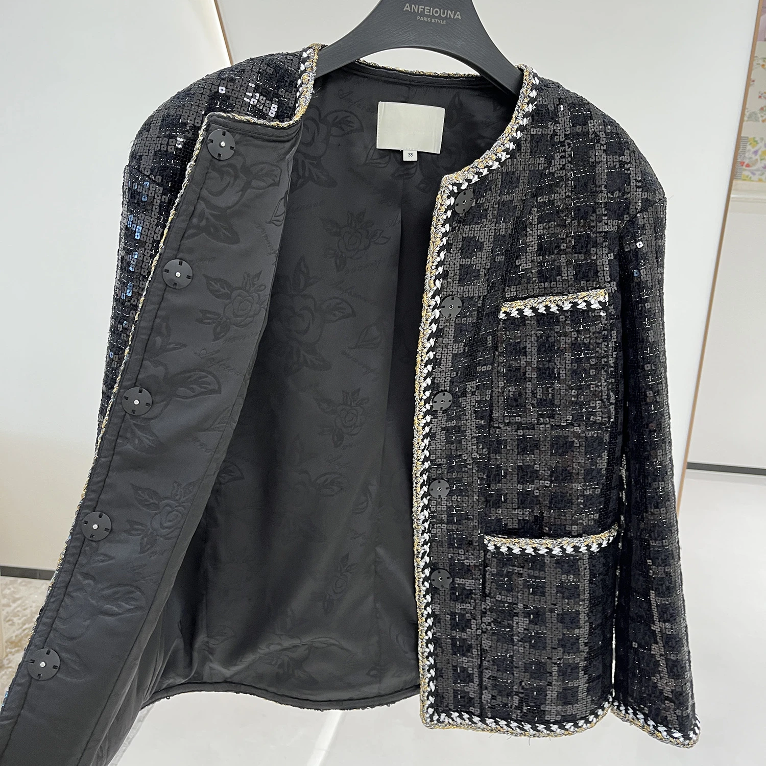 Luxury Sequins Jacket for Women, Runway Designer, Knitted Tweed, Black Plaid Coat, High Quality Outwear, Winter Clothes