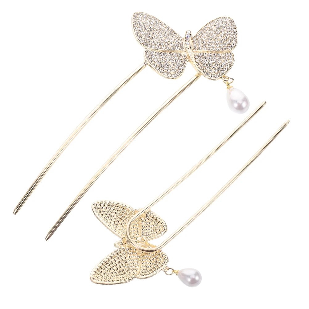 

2pcs U Shaped Hairpins Combing Accessories Fashionable Butterfly Metal Chignon Sticks 2 Prong Fork Women Decorative Hair