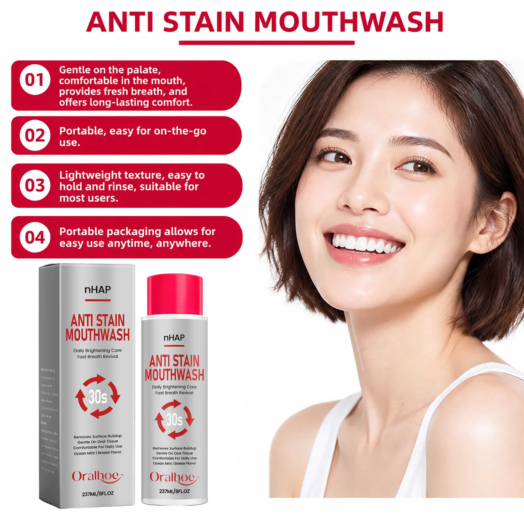Oralhoe Whitening Mouthwash Gentle Fresh Breath Instantly Remove Plaque Stains Enamel Safe No Sensitivity Deep Clean Oral Care