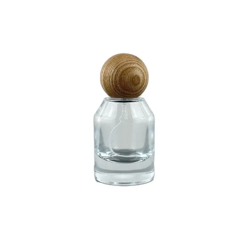 Round Ball Wood Cover Empty Glass Bottles 50ml Transparent Think Bottom Fragrance Mist Spray Crimpless Perfume Refillable Bottle