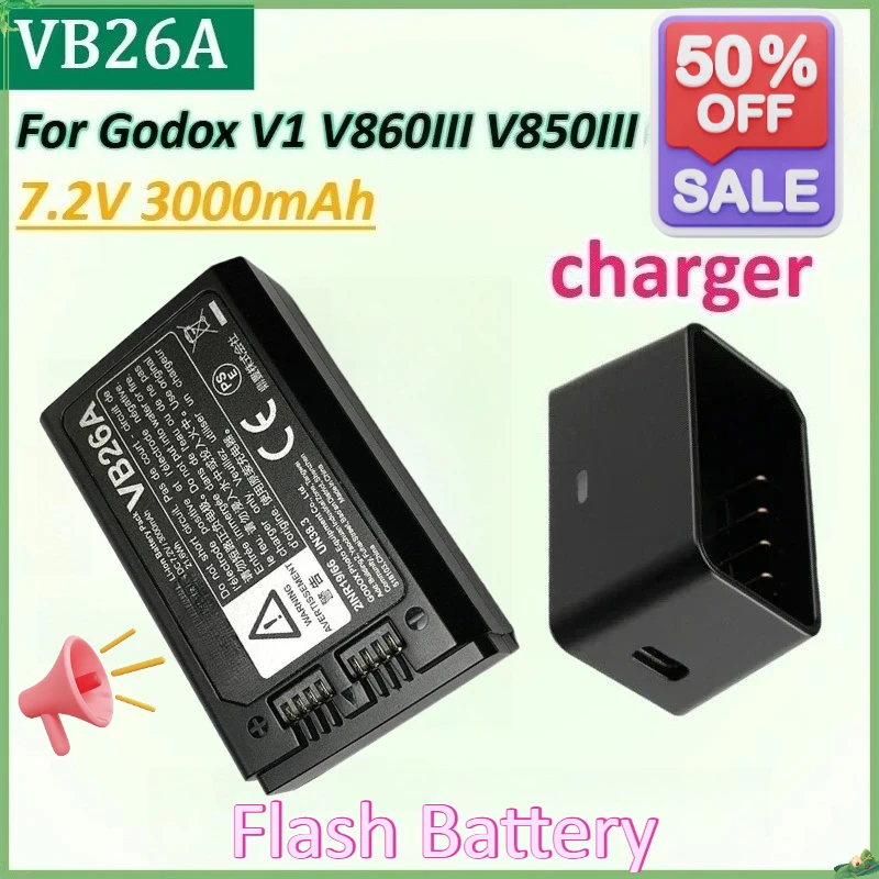 

New VB26A 7.2V 3000mAh 21.6Wh Replacement Flash Battery for Godox V1 V850III V860III High Qualty Battery with Charger Dedicated