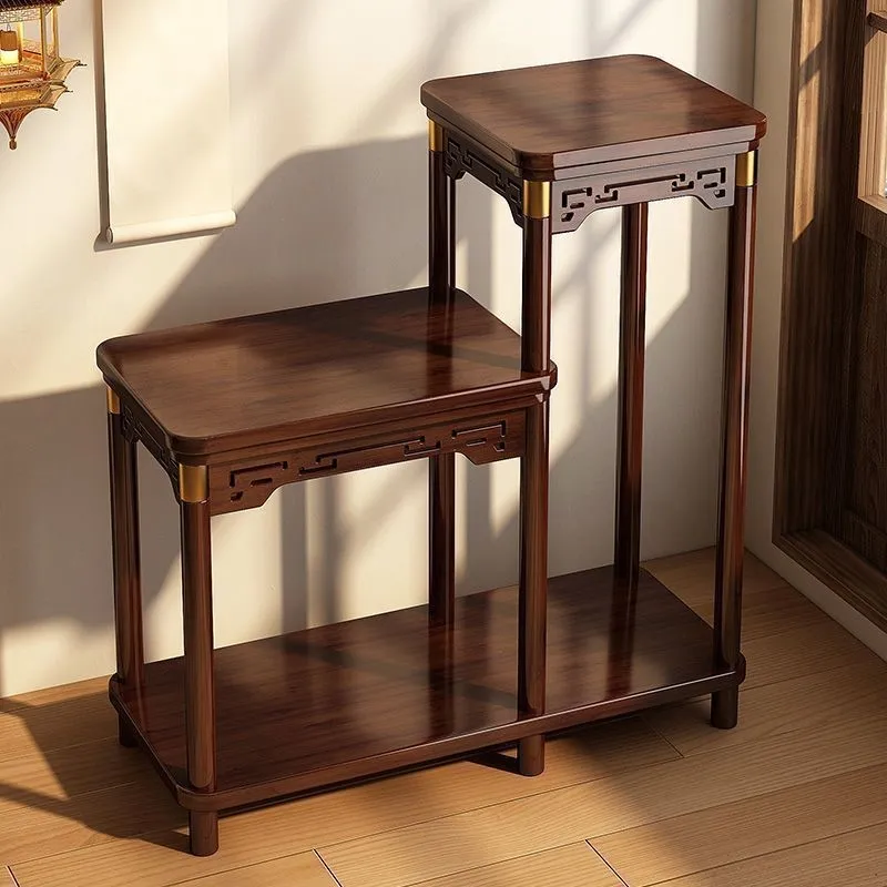 Wooden Plant Stand Floor, Tall Low Multi-tier Flower Rack with Carved Design, Living Room Entryway Pot Holder, Walnut Solid Wood