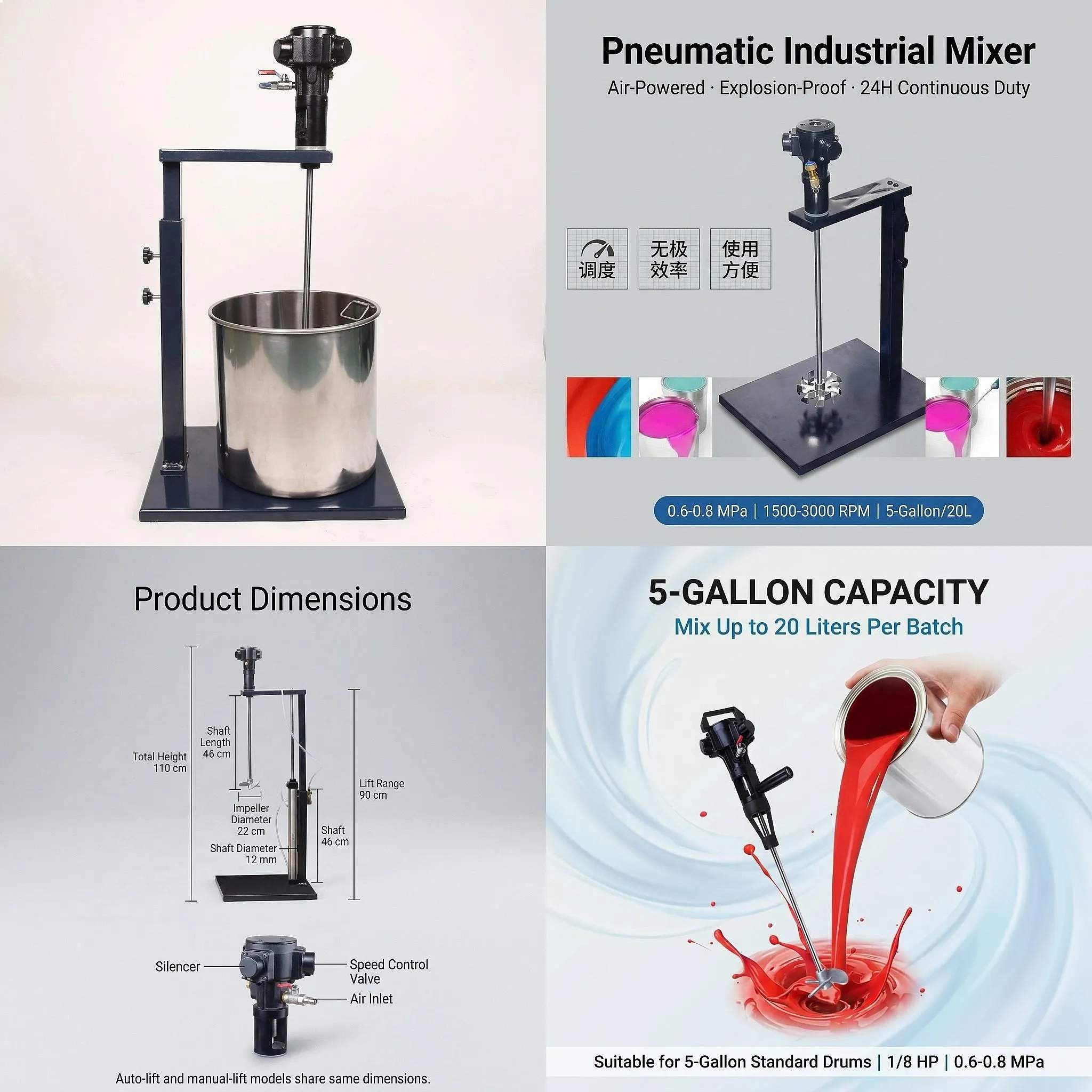 5 Gallon Pneumatic Mixer for Paint Ink Glue Coating Liquids High Performance No Voltage