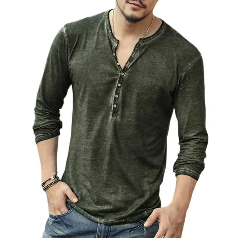 

Men Tee Shirt V-neck Long Sleeve Tee&Tops Stylish Buttons T-shirt 2024 Autumn Casual Shirt Solid Male Clothing 4XL