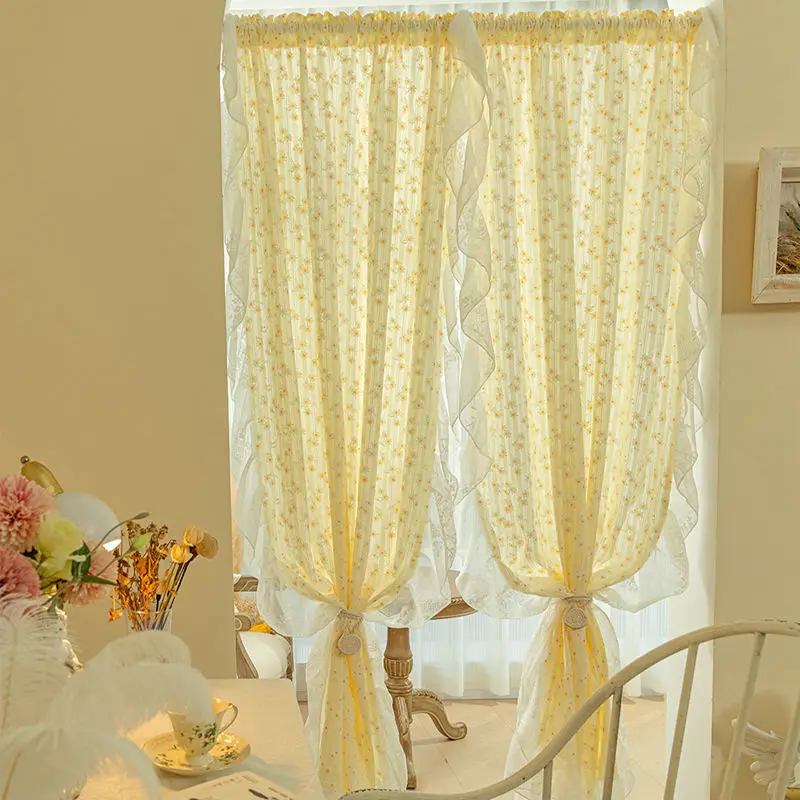

Korean Daisy Curtains, Ruffle Trim Translucent Curtains, Floral Farmhouse Window Curtains for Kitchen Dining Living Room, 1panel