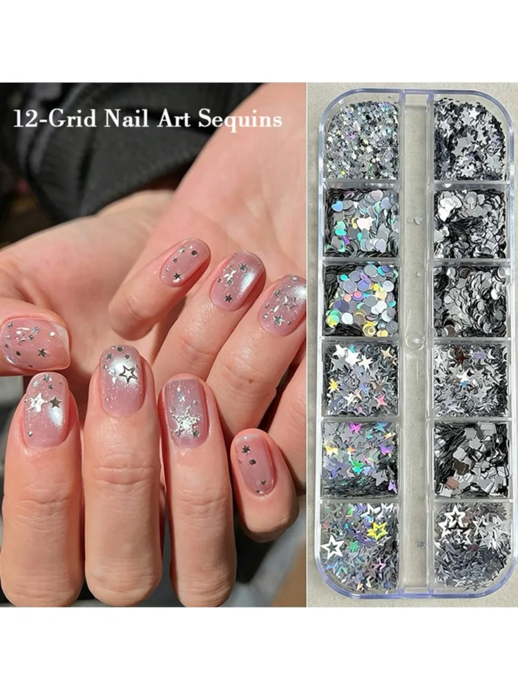 12Grids Laser Silver Star Heart Butterfly Nail Sequins Holographic Round Square Hollow Stars Nails Glitter Shiny Manicure Decor