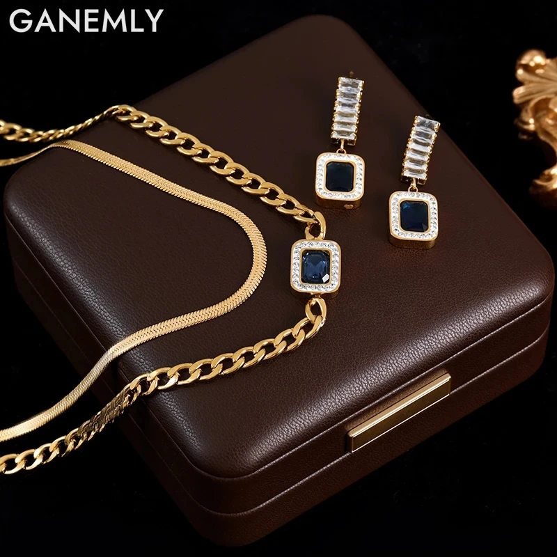 GANEMLY 316L Stainless Steel Blue Zircon Crystal Necklace Earrings Set For Women Fashion Luxury Waterproof Jewelry Lady Gift