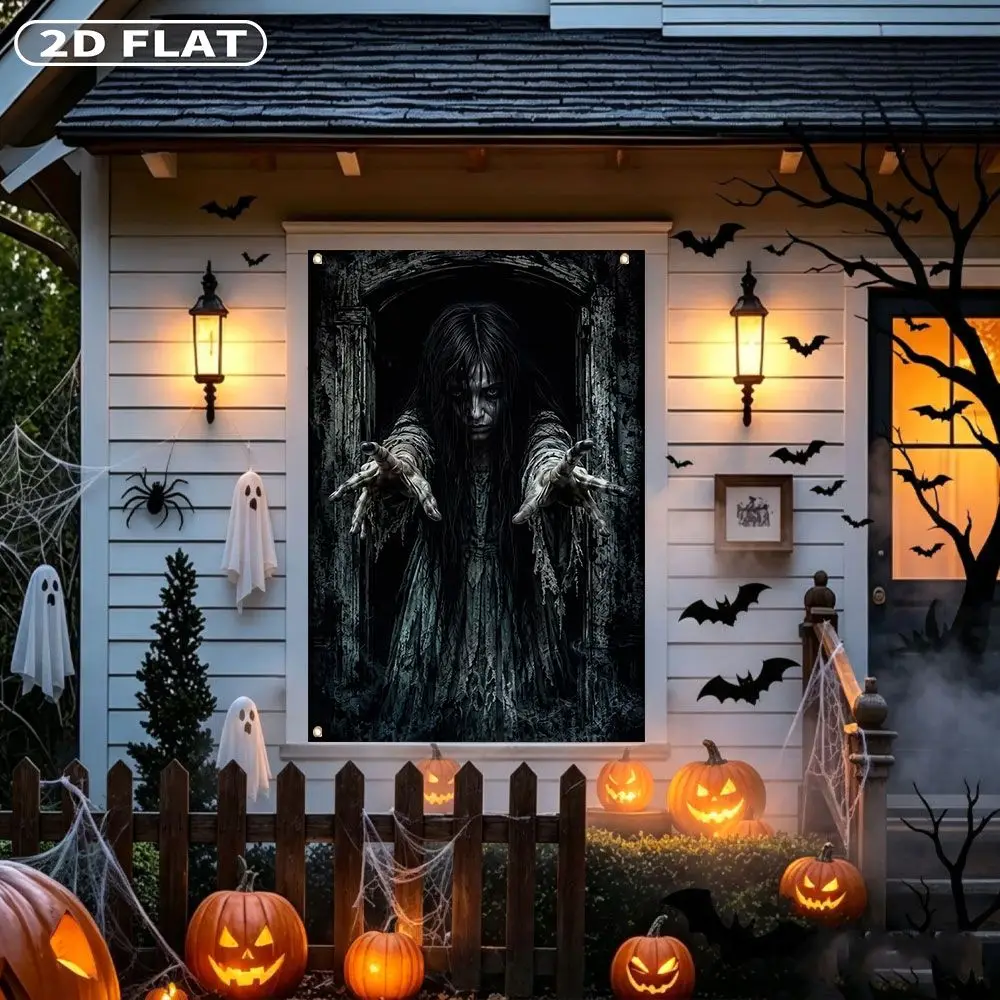 2D FLAT 1pc Party Banner, Halloween Window Cover with Scary Ghost Woman Reaching Out From Dark Doorway,122x88cm, Polyester