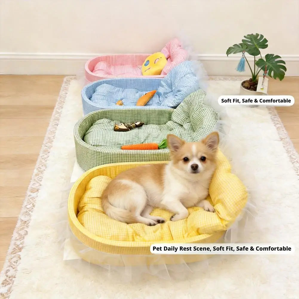 Cute Lace-Trimmed Pet Cat Princess Sofa Bed For Four Seasons Washable and Removable Soft Plush Oval for Small Dogs/Cats ﻿