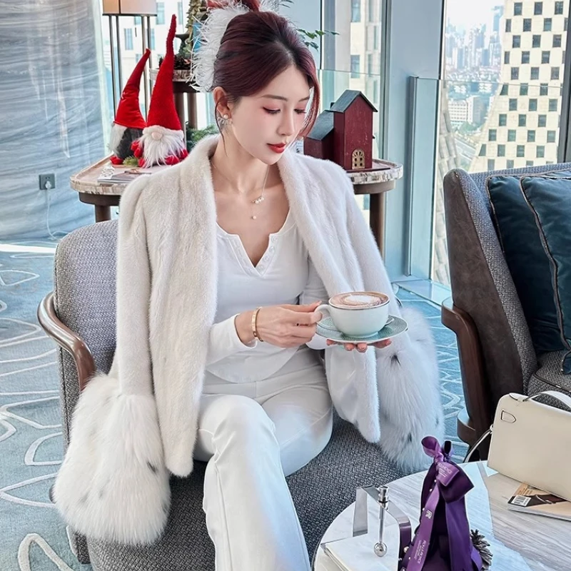 YOLANFAIRY winter mink fur coat Imported fox whole fur Cuffs made of mink fur Short women's mink coat winter шуба женская 2025