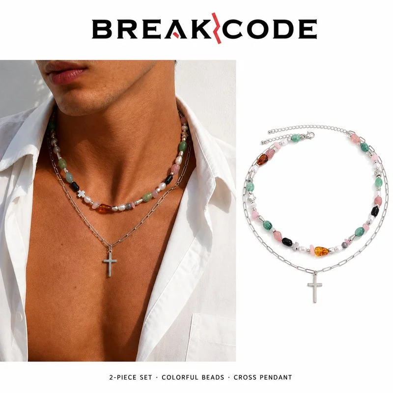 Mens silver two piece necklace set colorful natural stone bead chain pendant paperclip link hop casual outfits