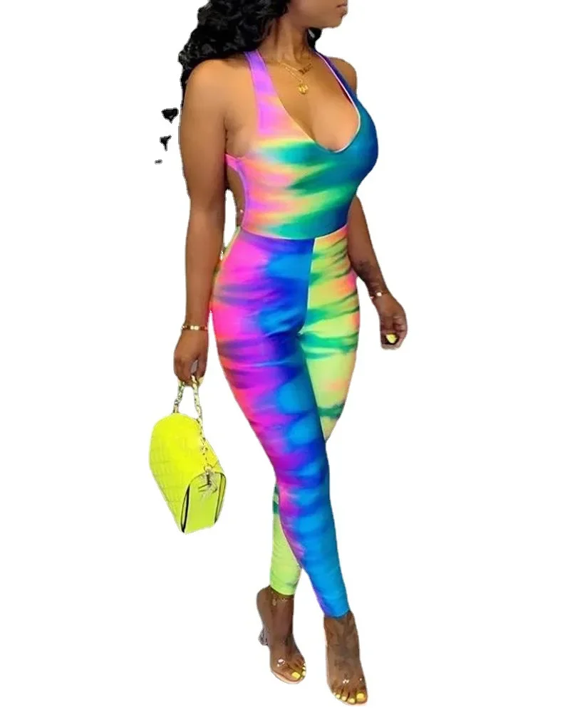 Sexy Jumpsuit with Tie Dye Print Fashion Summer Daily High Style Form-fitting Casual Sleeveless Backless V-neck