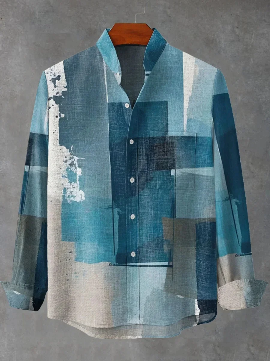New spring and autumn men's stand-up collar linen long-sleeved shirt 3D art printed simple pattern top men's casual shirt