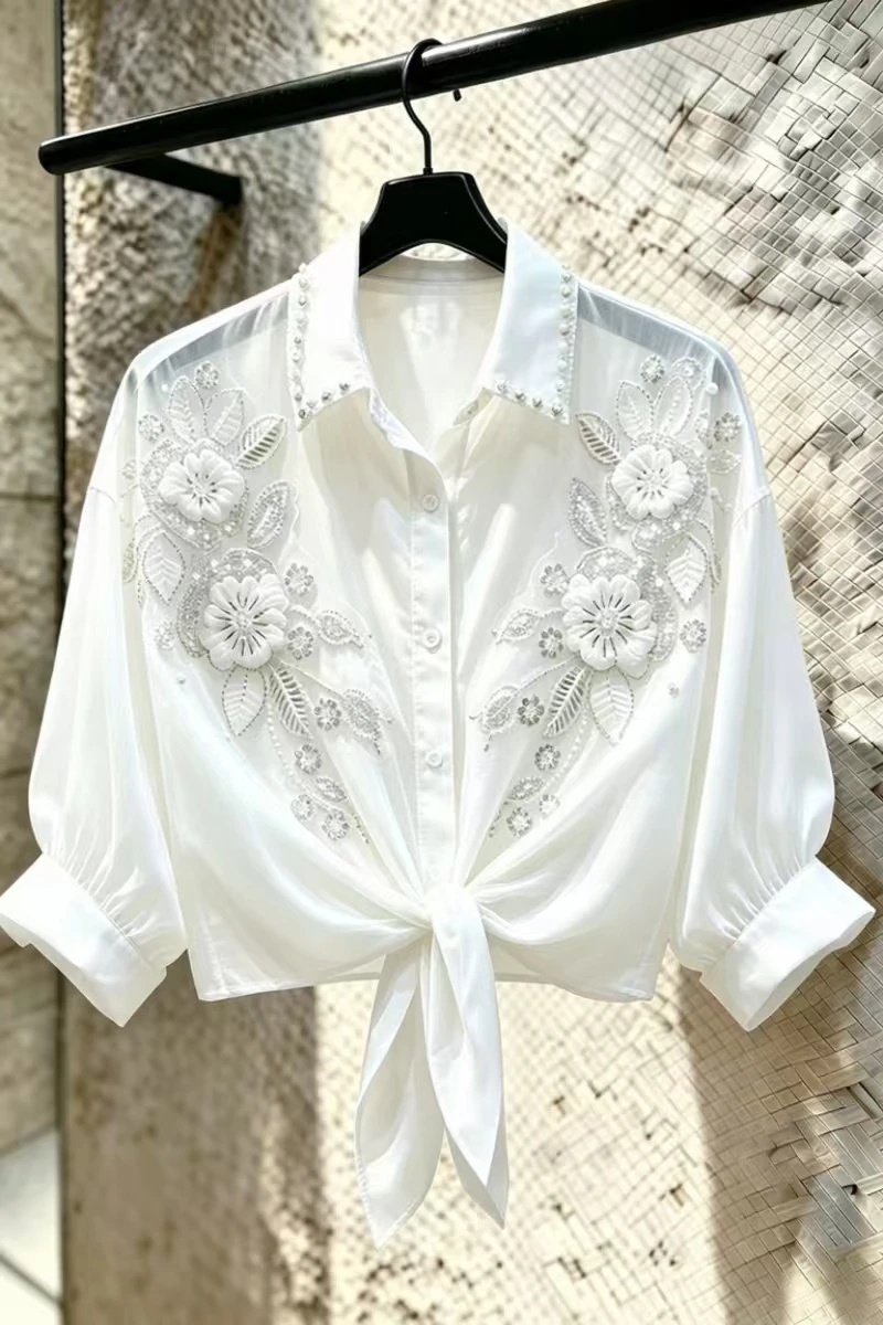 New In Sequines Flowers Stitch Sunscreen White Thin Blouses Shirts Women Shirt Top Spring Summer Y2K Crop Top Woman Clothes