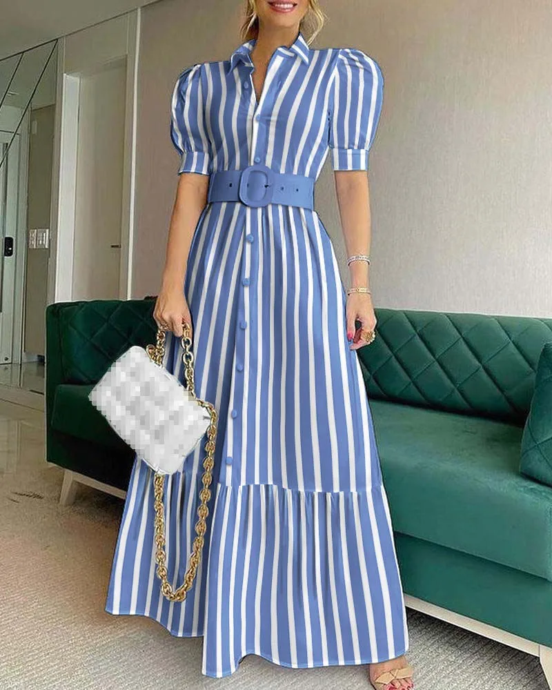 Party Belt Dresses For Women 2025 Spring Summer Fashion Elegant Stripe Print Short Sleeve Long Dress Lady High Waist Shirt Dress