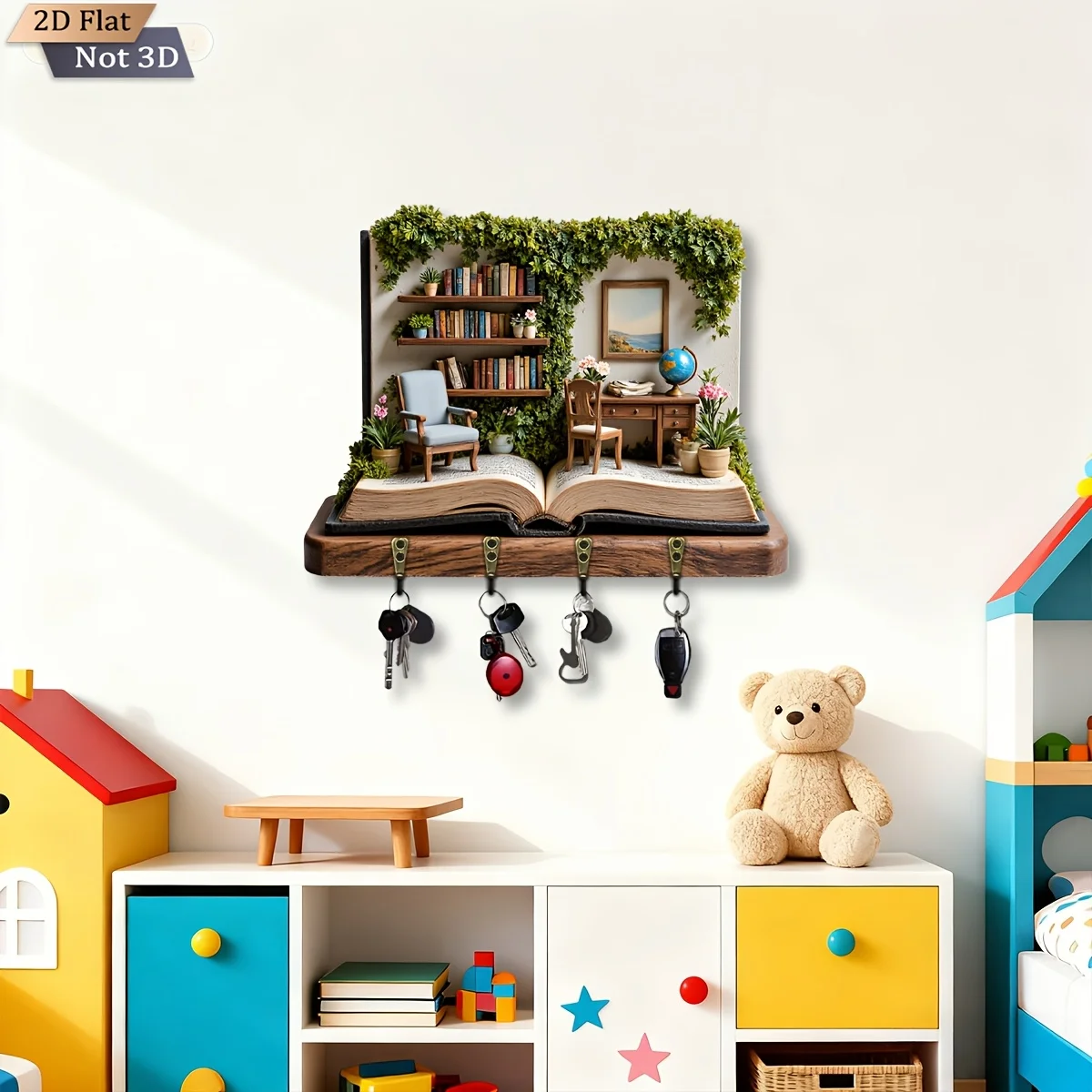 2D Flat, 1pc, Literary Study Theme Style Wooden Multi-functional Home Key Rack, with Four Metal Hooks, Wall Decoration, Porch