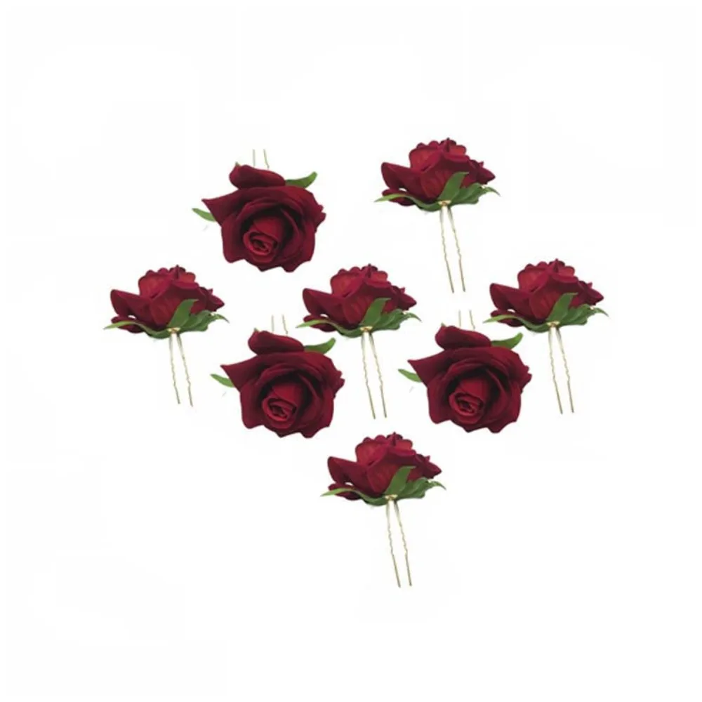 

Sweet Rose Hair Forks Cloth Chinese Style Golden Phoenix Hairpin Dark Red Headdress Bride Flower Side Clips Wedding