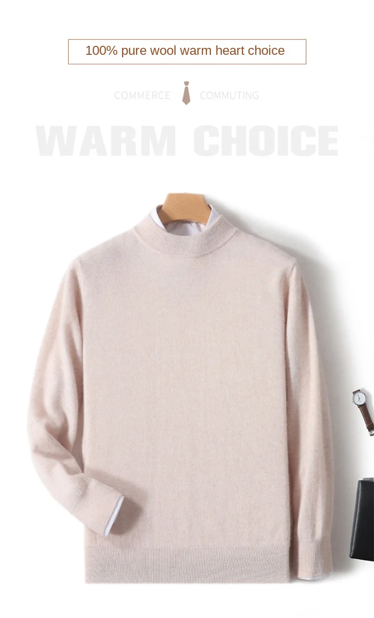 Herren-Pullover aus 100 % reiner Merinowolle, halbhoher Ausschnitt, einfarbig, Übergröße, lässiger Pullover, Herbst- und Wintersport-Kaschmir-Oberteil – Detail 8
