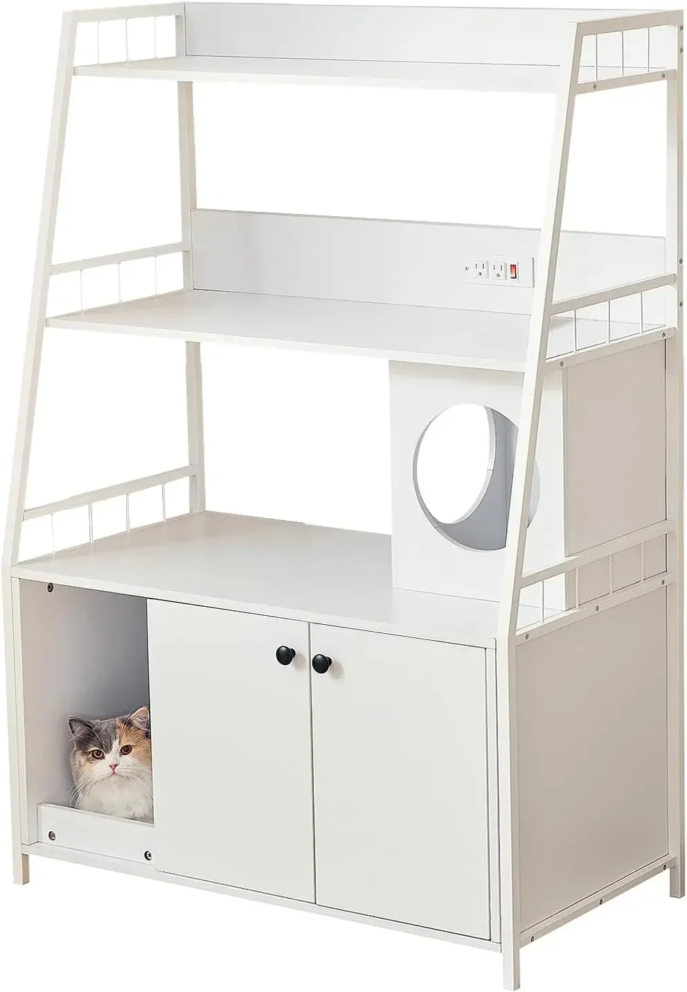 [أفضل بائع، اشترِ الآن! ] أثاث صندوق نفايات 2 في 1 مع مقبس شحن ورفين، وخزانة قطط داخلية مخفية للحمام، وخشب 53 بوصة