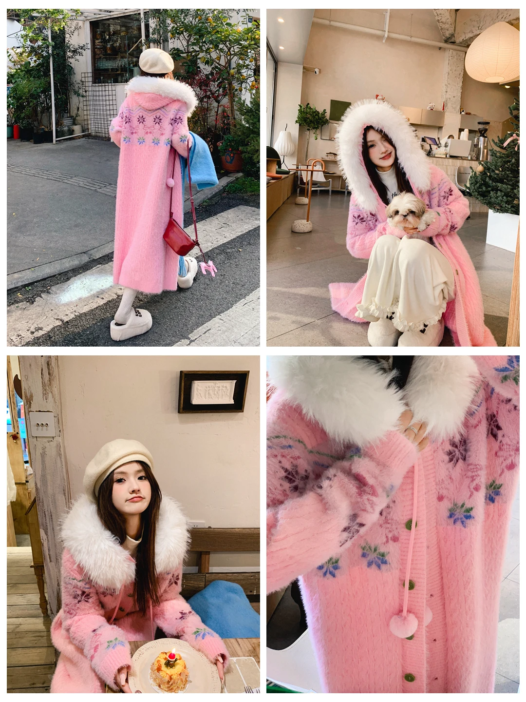 

Теплый вязаный свитер-пальто Gula Liangpin с капюшоном и меховым воротником, с вышивкой в виде цветов, женская верхняя одежда