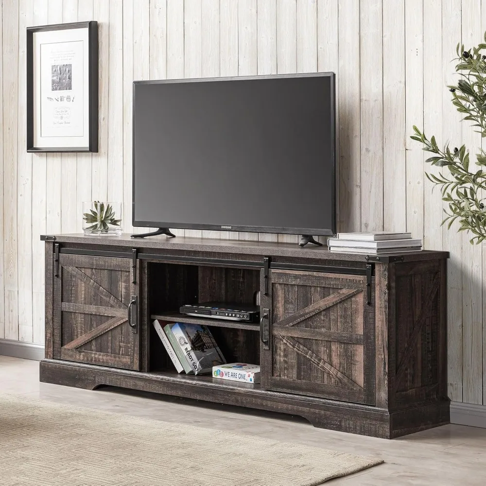 

Rustic Entertainment Center w/Sliding Barn Door, Large Media Console Cabinet w/Storage Shelves, Wood Television Stand