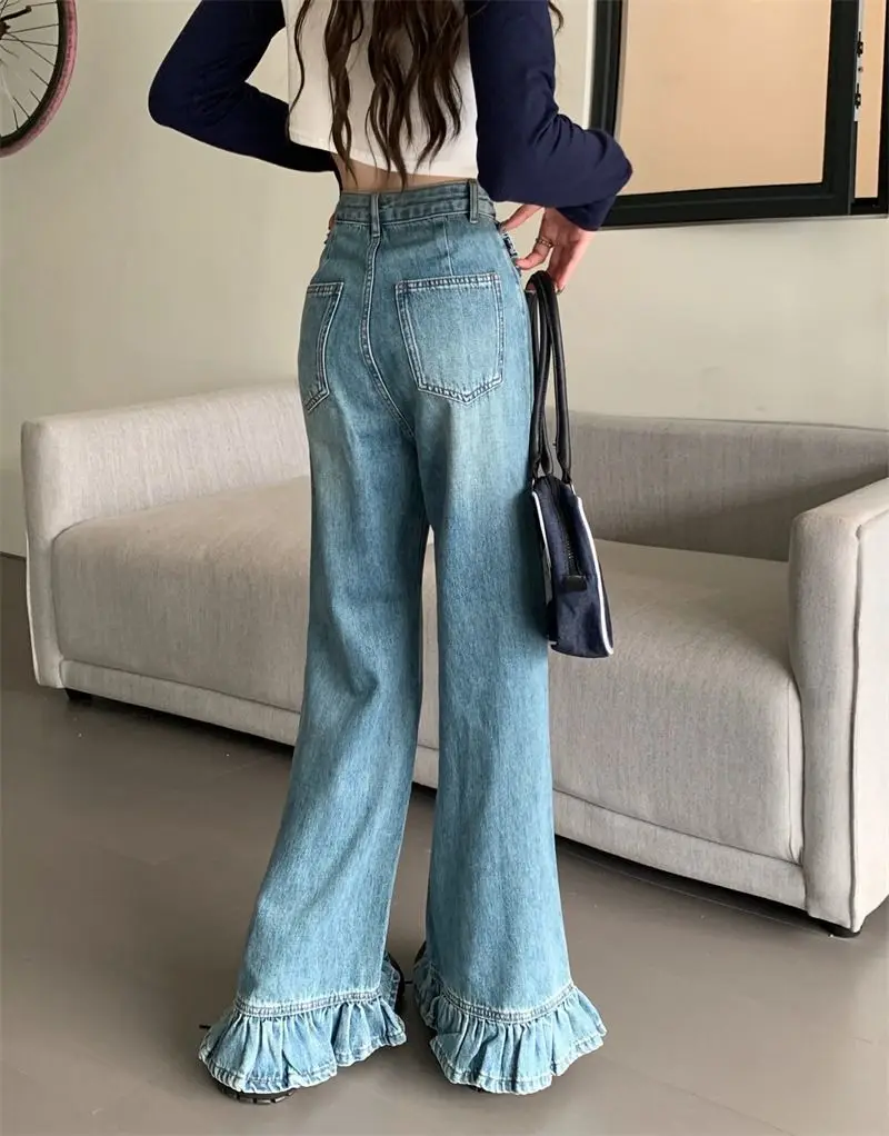 Flare Jeans Ruffles vita alta donna Baggy Washed Vintage Harajuku Streetwear Retro Denim Floor Mopping Pants