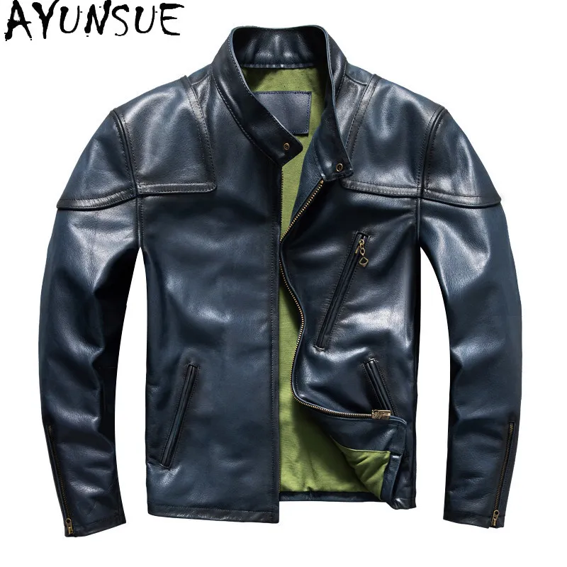

AYUNSUE 1.5mm Thick Top Layer Cowhide Leather Jacket Men Color Polished Real Leather Coat Stand Collar Motocylce Jackets 2026