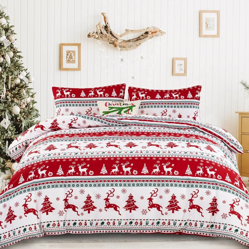 

Christmas 3 Pieces Comfort Set King Size, Reindeer Snowflake Xmas Tree Holiday Decor Bedding Set