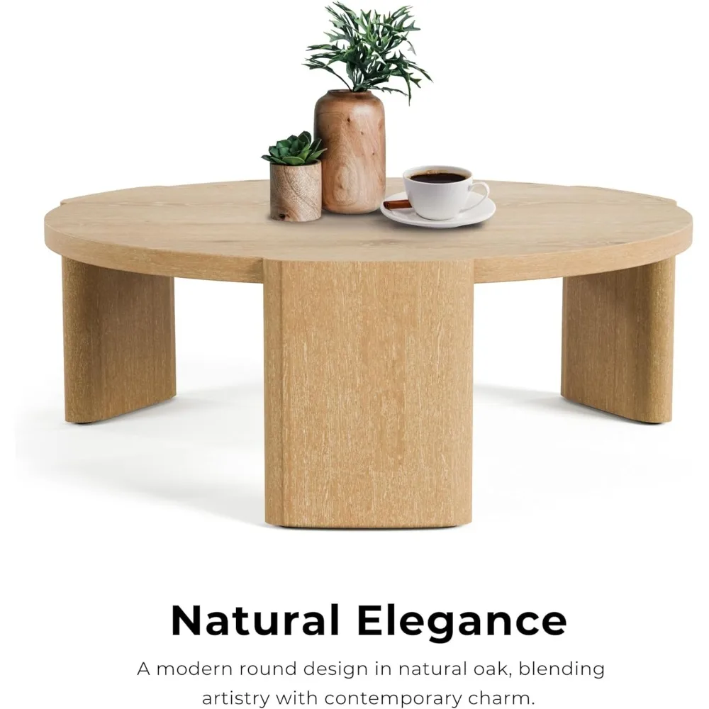 Z Modern Solid Wood 42-inch Round Coffee Table With Plinth Base Living Room Furniture For Small Space Home Office Oak Decor Piec