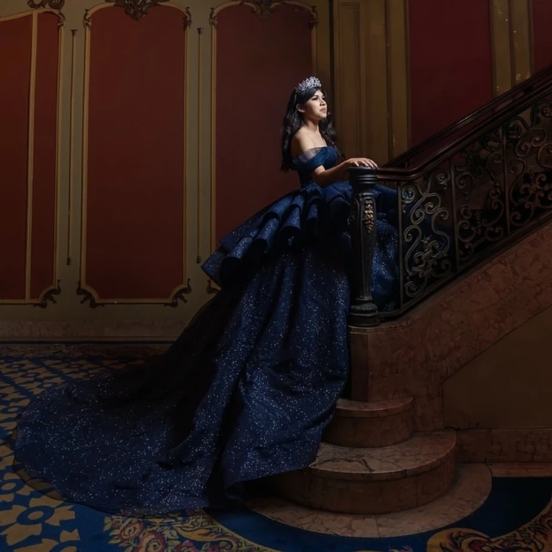 Sparkly Princess Navy Blue Off Shoulder Quinceanera Dresses Ball Gown 2024 Sweetheart Beads Crystal Sweet 16 Vestidos De 15 Años