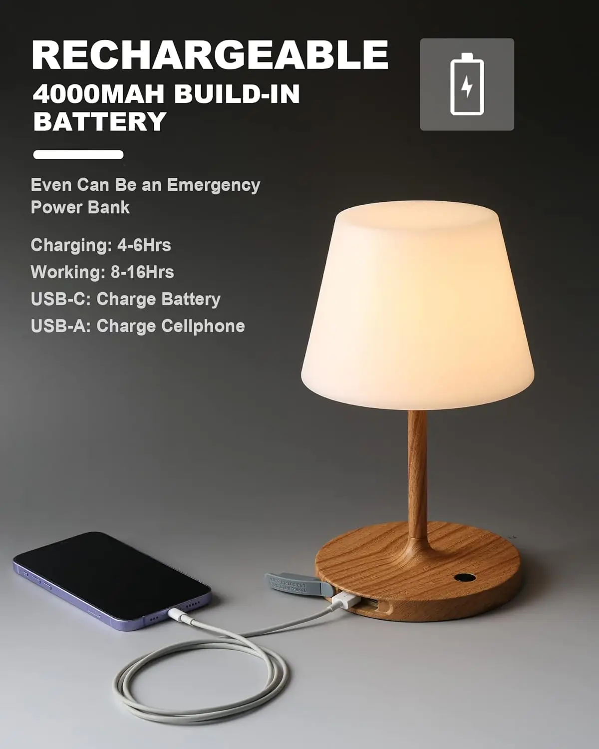 Waterproof Rechargeable LED Table Lamp, 4000mAh Battery, Touch Dimmable for Outdoor Camping Patio Home